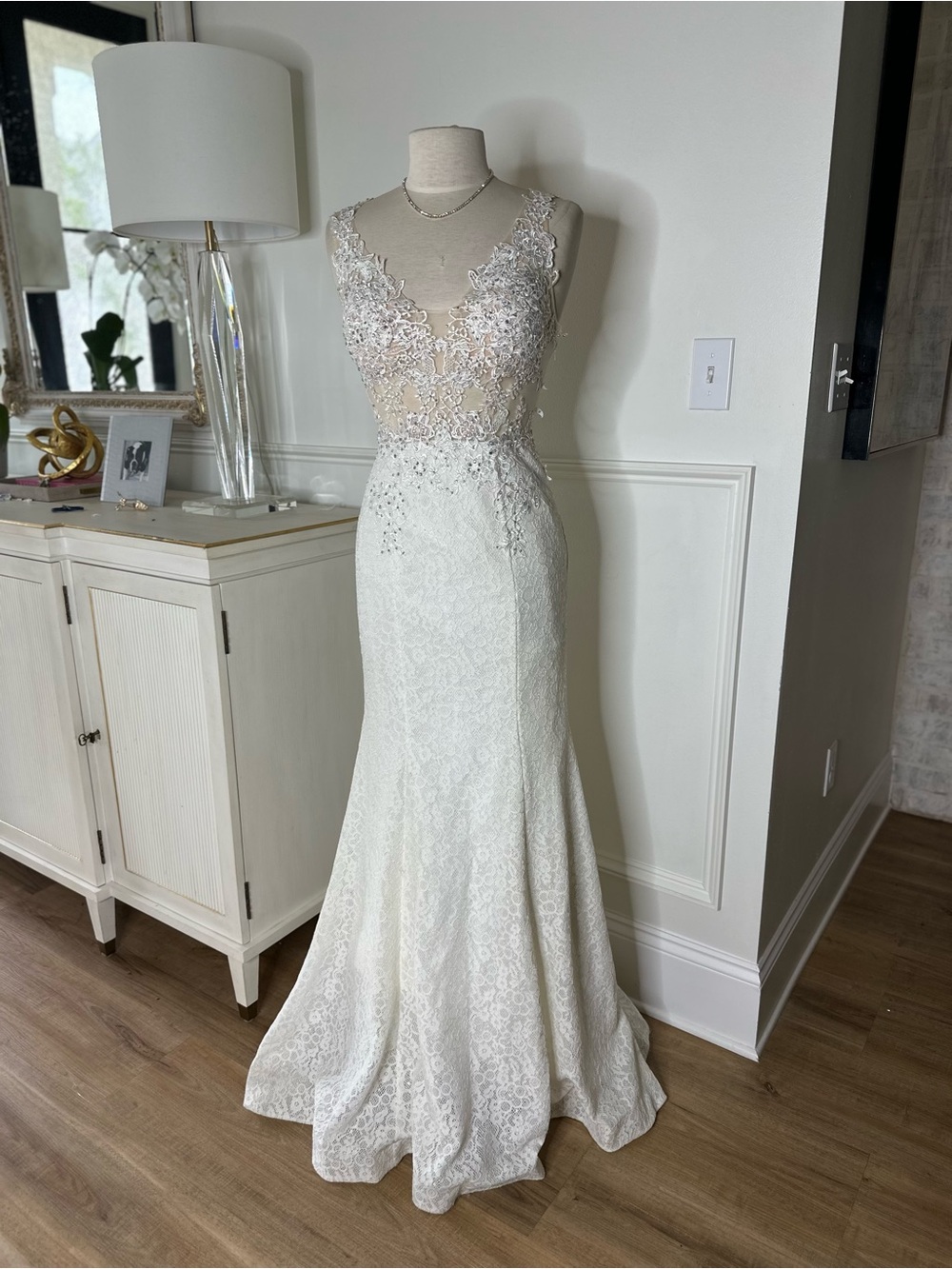 Jovani Ivory Lace Sheath Wedding Dress with Illusion Beaded Bodice